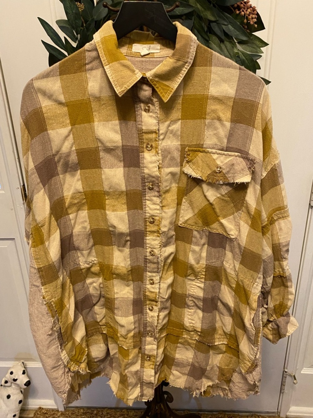 Easel Boho Lagenlook Oversized Slouchy Boxy Plaid Check Button Down Shirt LS M